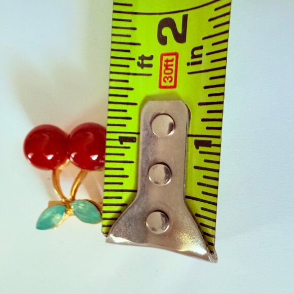 Red Enamel Cherry Brooch Pin Green Acrylic Gem Gold Tone Metal - Picture 10 of 14
